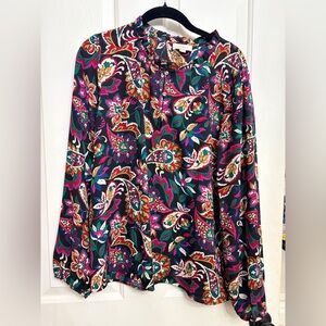 LOFT Black Multicolor Paisley Long-Sleeve Blouse